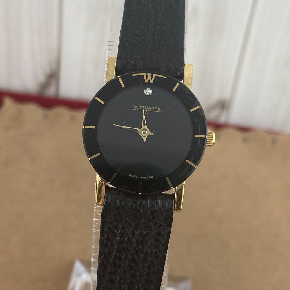 Vintage Wittnauer Diamond Watch Gold Tone New Black Leather Strap Black …